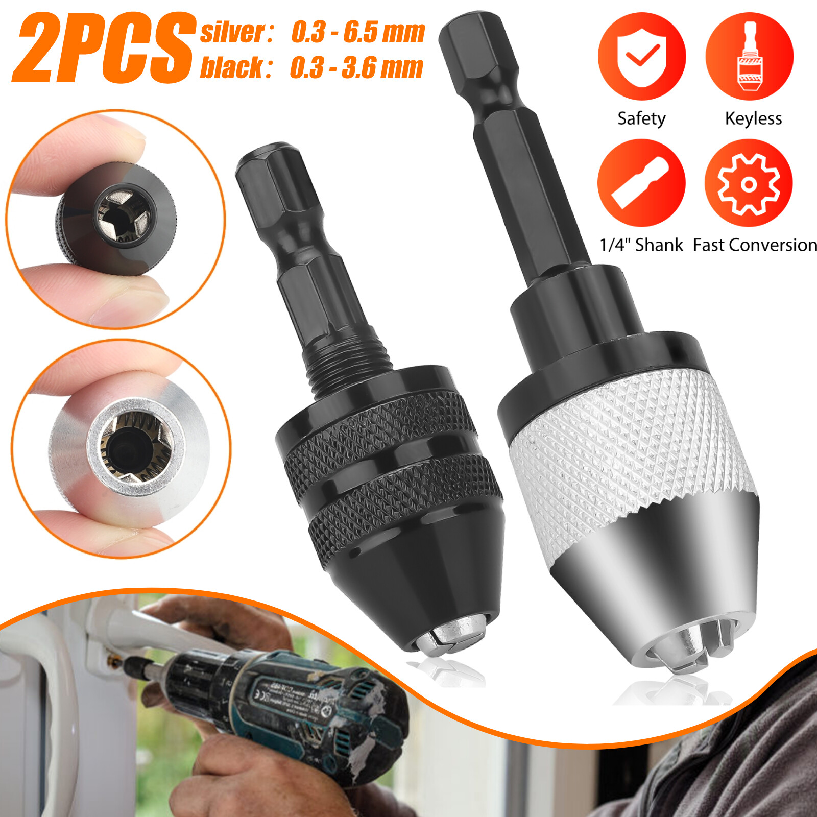 2x 1/4" Hex Shank Keyless Drill Chuck Conversion Adapter Bit Quick Change Driver