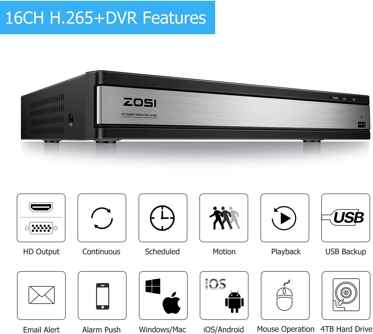 ZOSI H.265+ 16CH 2MP Home Surveillance DVR CCTV Security Camera System 0TB-4TB