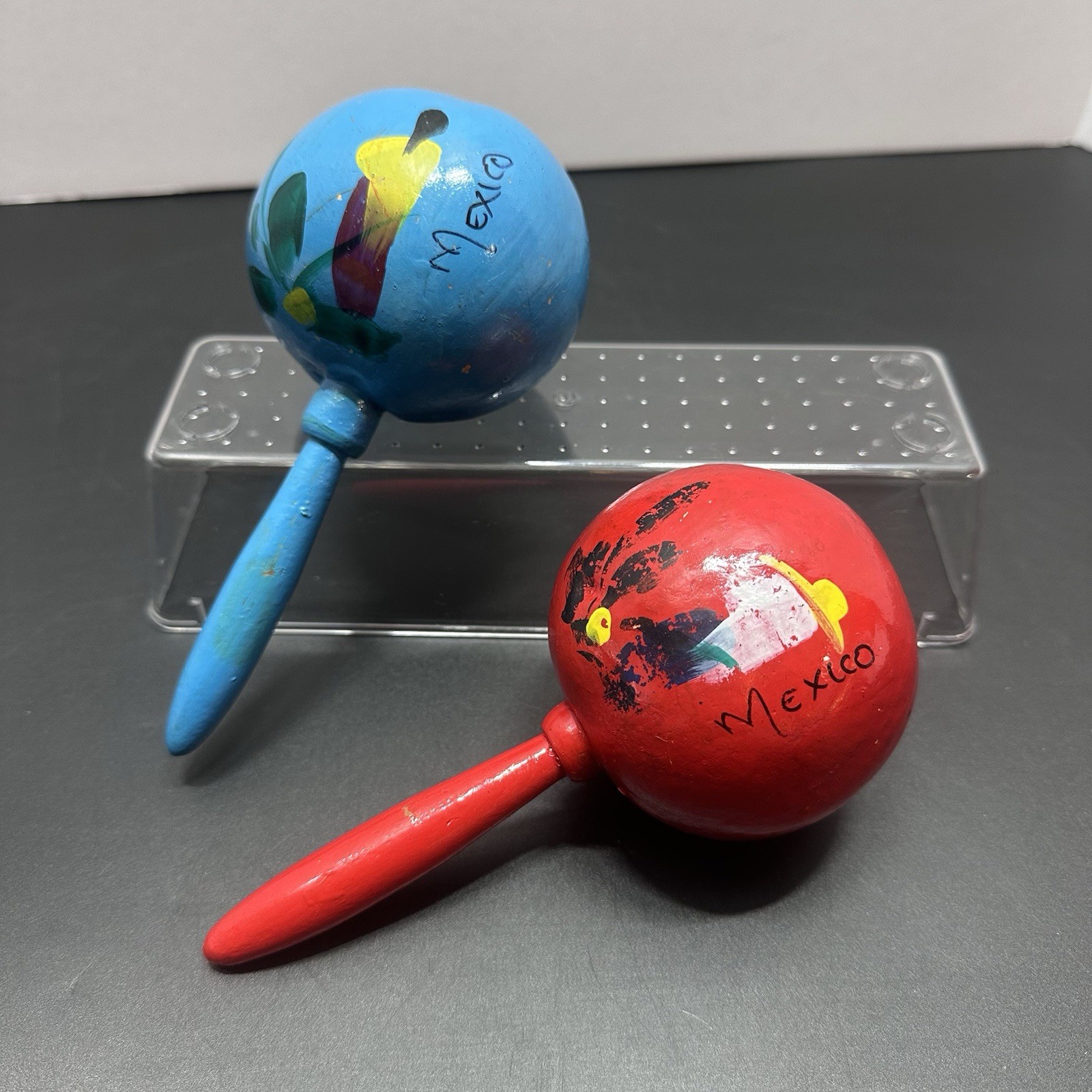 Vintage Hand Painted Carved Mexican Maracas Gourd Shaker Music Lot Of 2