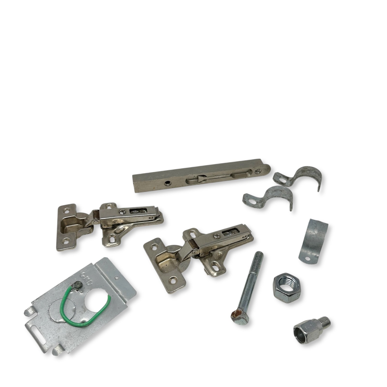 9 LOT Hardware Lot - Cabinet Hinges, Flush Bolt, Electrical Ground Plate, Straps