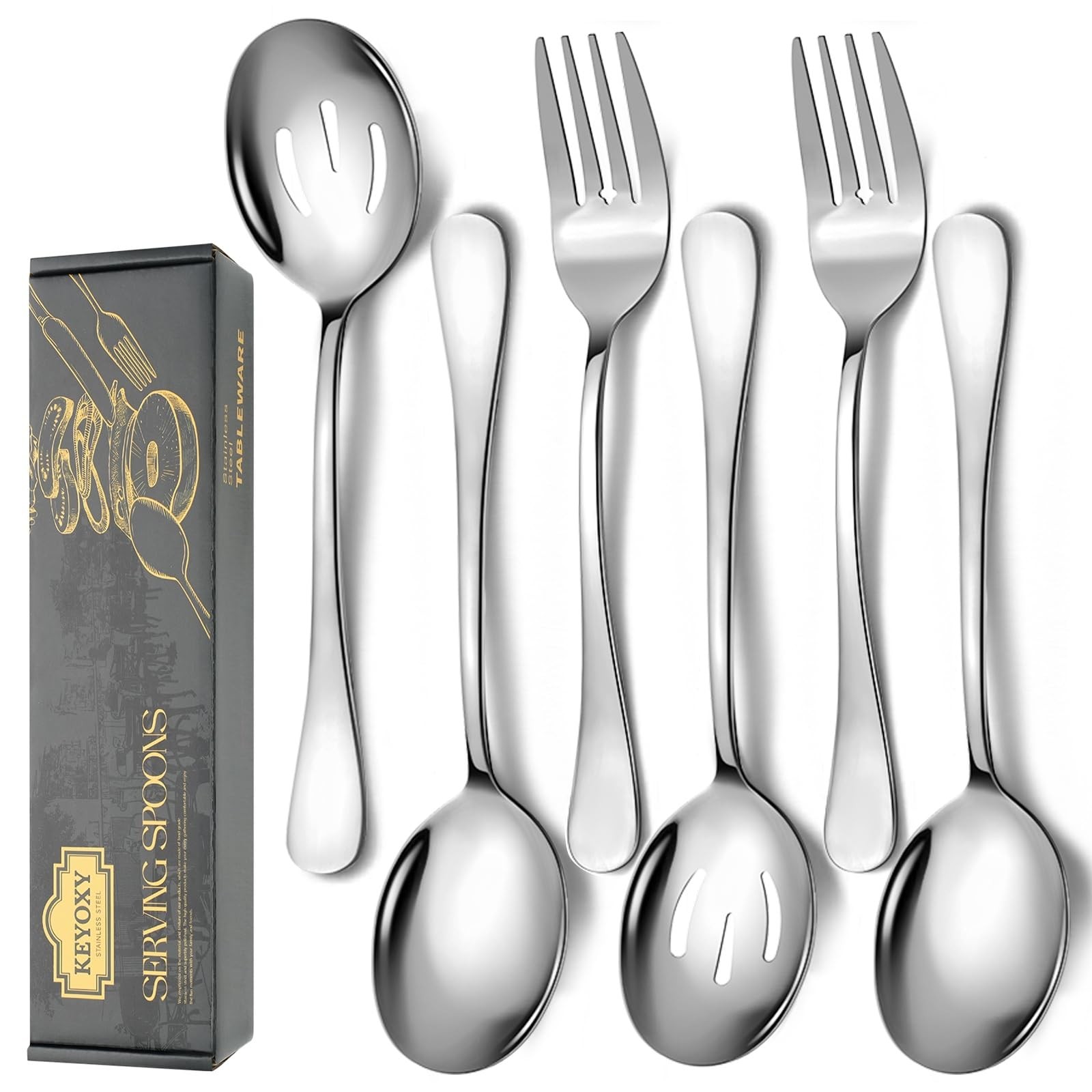 6 Piece Stainless Steel Serving Spoons Set, 10-Inch, Includes 2 Spoon/Slotted...