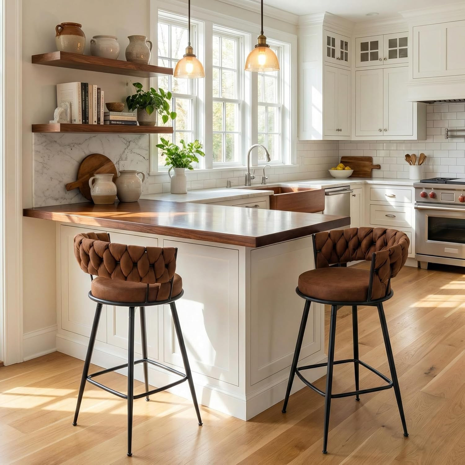 28.7" Swivel Bar Stools Set of 2 with Woven Back - Light Brown