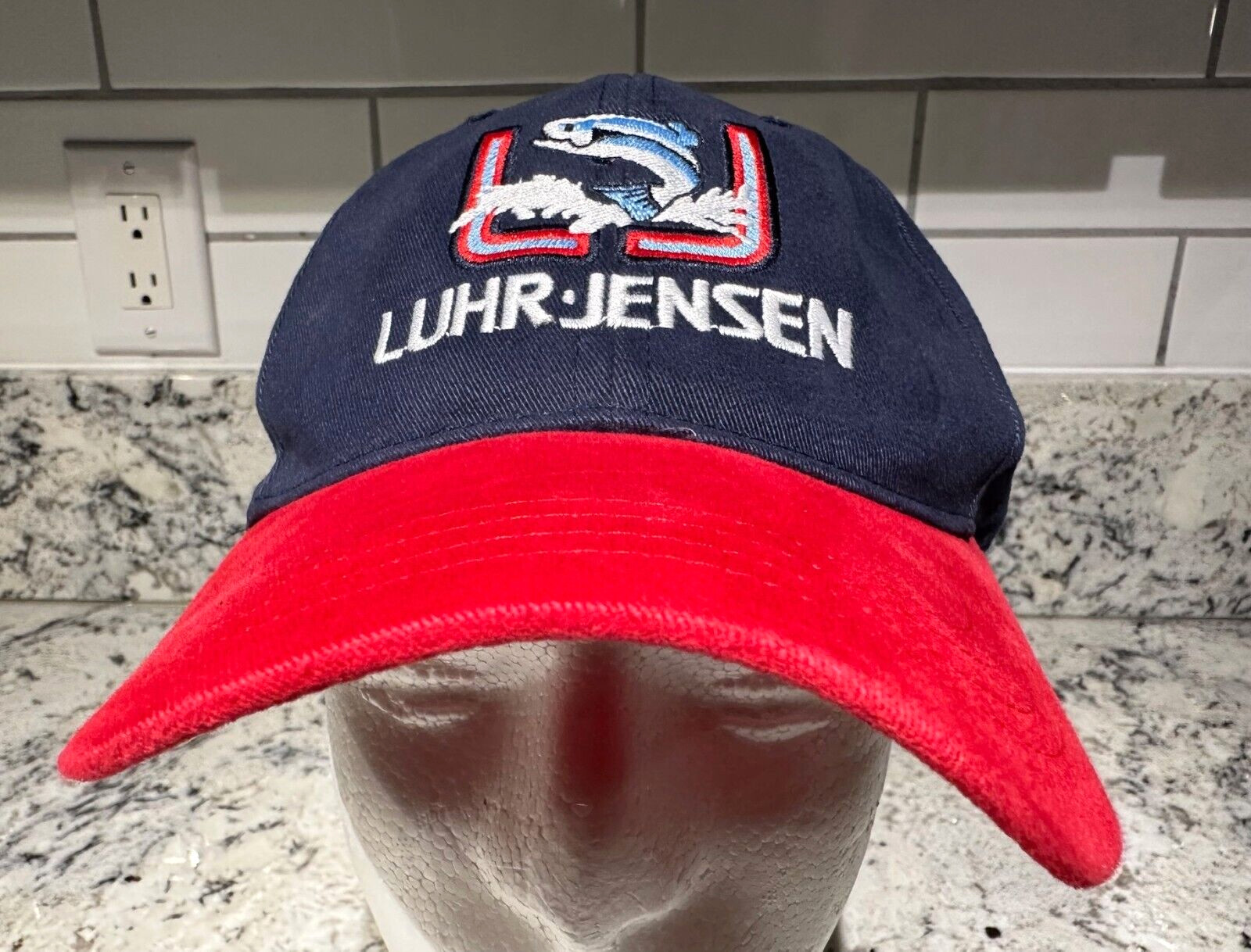 LUHR JENSEN Vintage Men's Adjustable Hat Navy Blue Red Fishing TROUT SALMON GUC