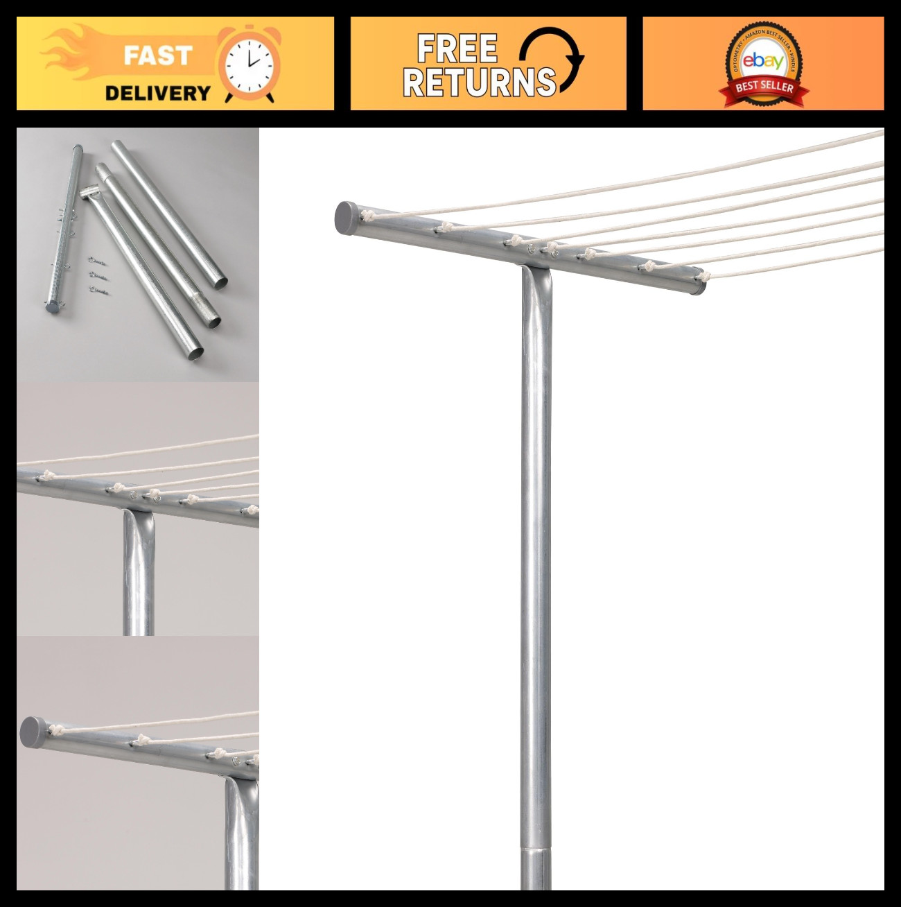 Galvanized Steel Outdoor Clothesline T-Post with Crossbar & Eyelet Screws, Silve