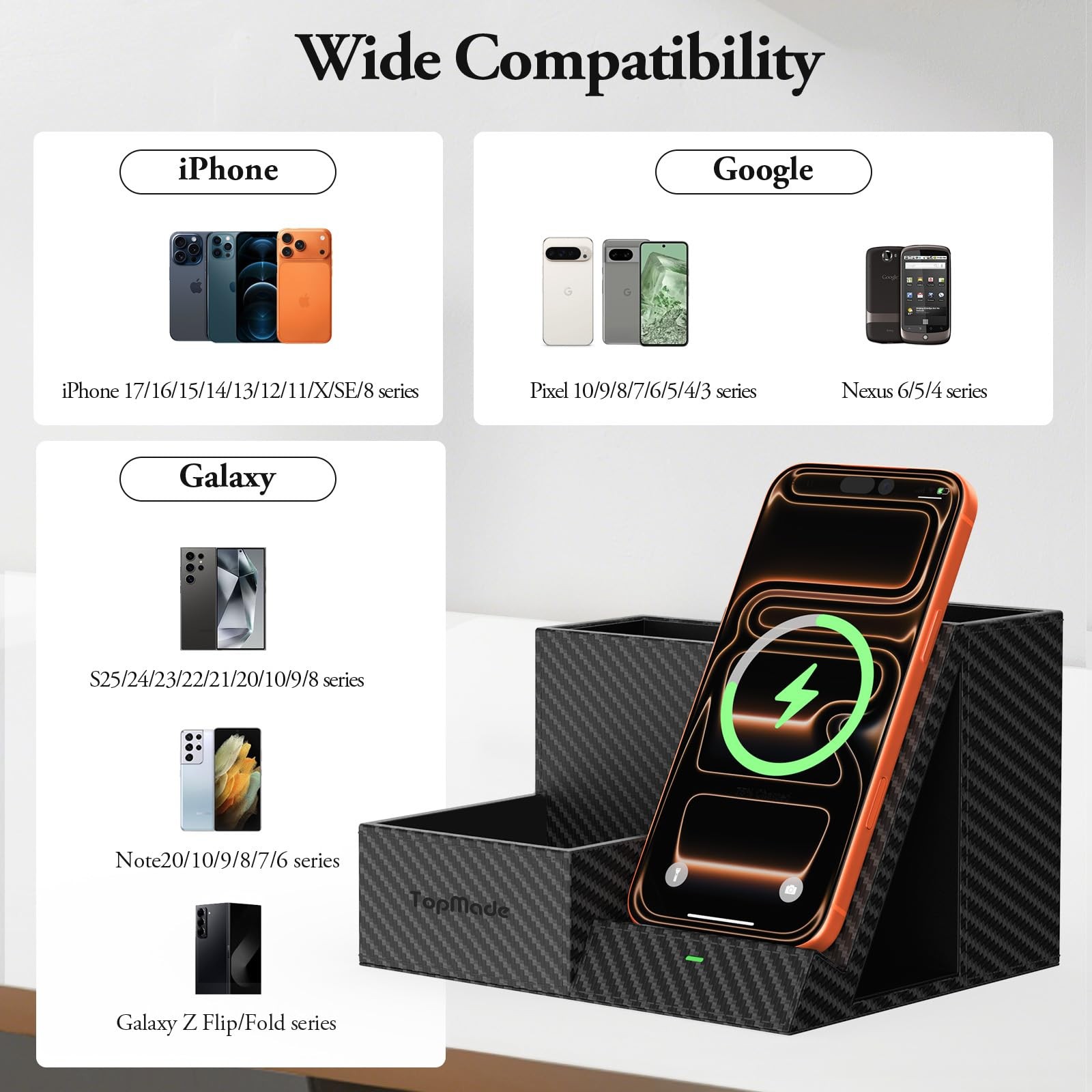Wireless Charger Nightstand Organizer, Multi-Functional Pen/Pencil/Remote Hol...