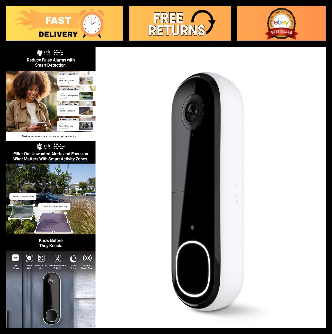 2K Video Doorbell, Wireless/Wired, 2-Way Audio, Night Vision, Package Detection,