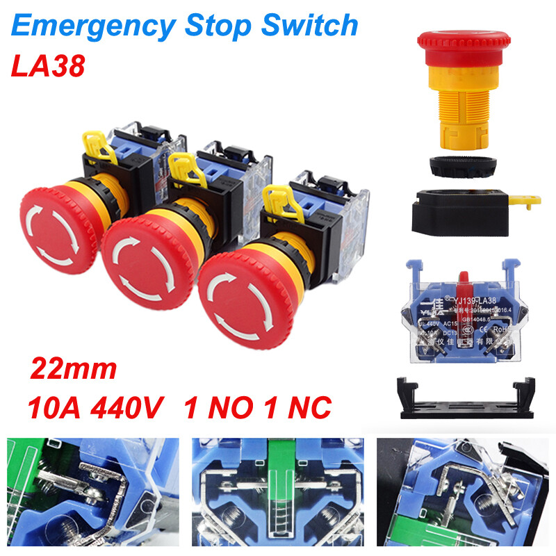 Emergency Stop Station Switch 22mm Push Button Switch 10A 440V 1NO 1NC Latching