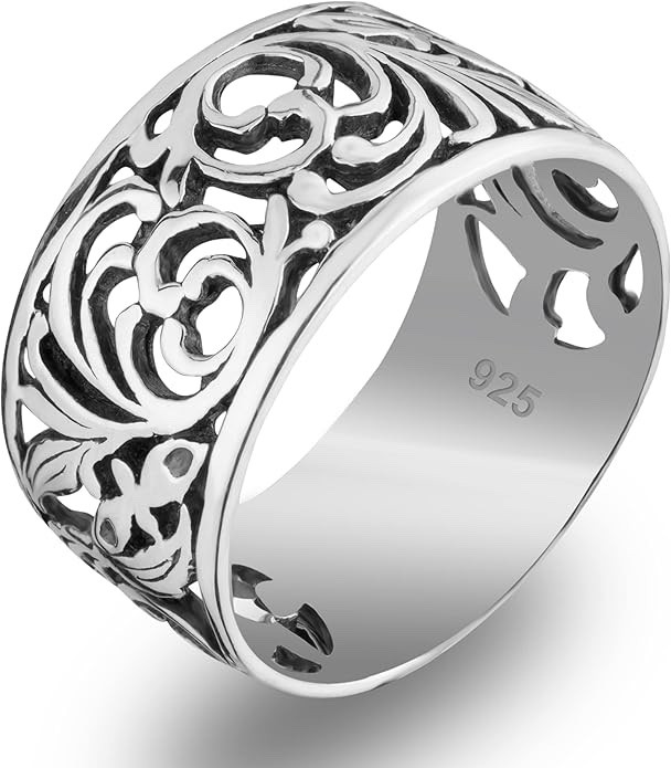 Norwegian Rosemaling Ring - 925 Sterling Silver Filigree Wide Band Ring