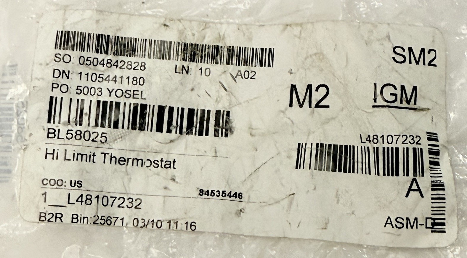 HI LIMIT THERMOSTAT BL58025