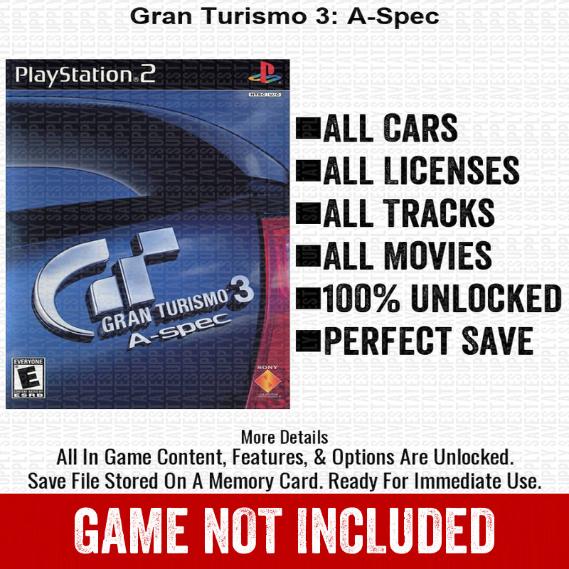 Gran Turismo 3 A-Spec 100% PS2 Memory Card All CHEATS ITEMS