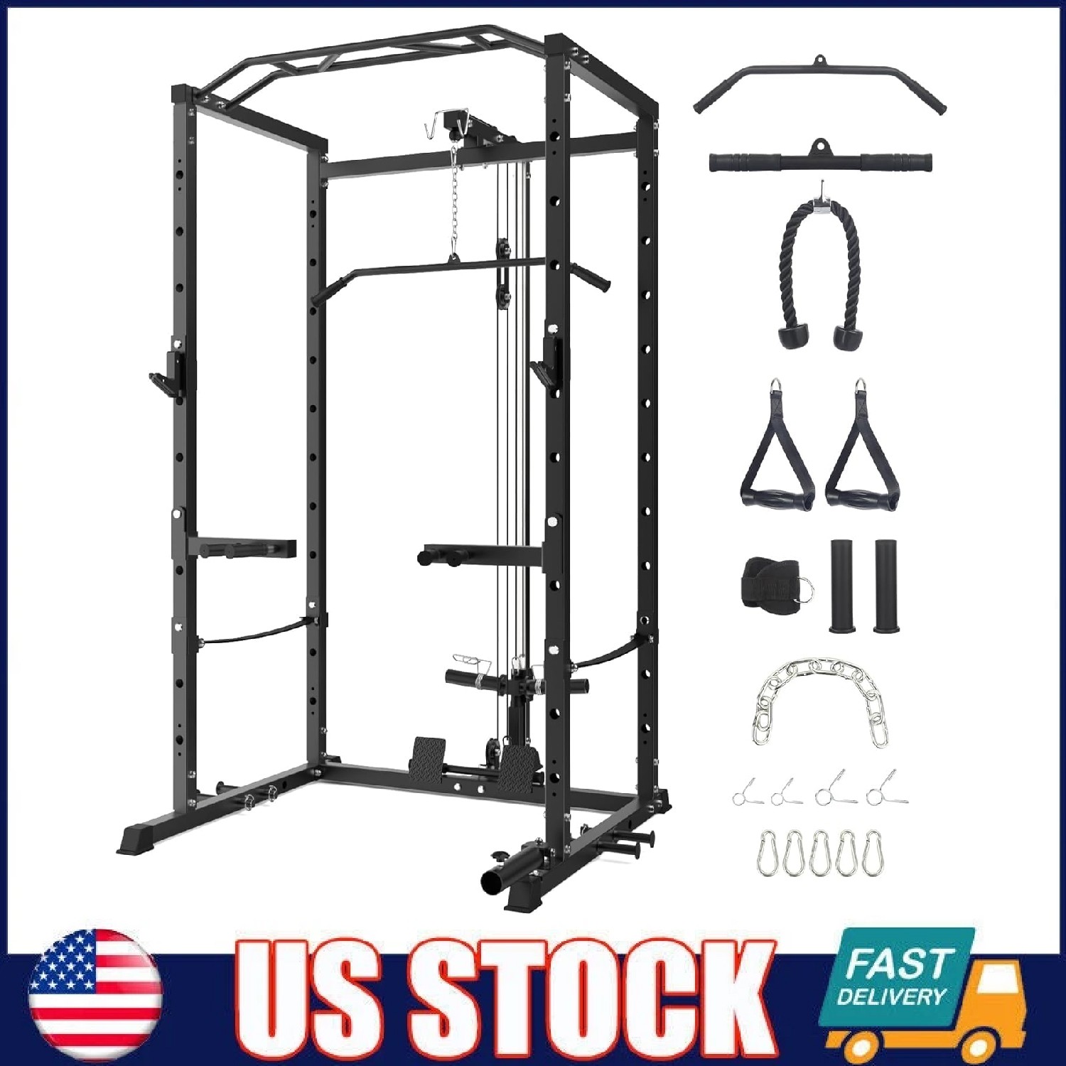 Power Cage Multi-Functional Power Rack w/Cable Pulley System J-Hooks Dip Handles