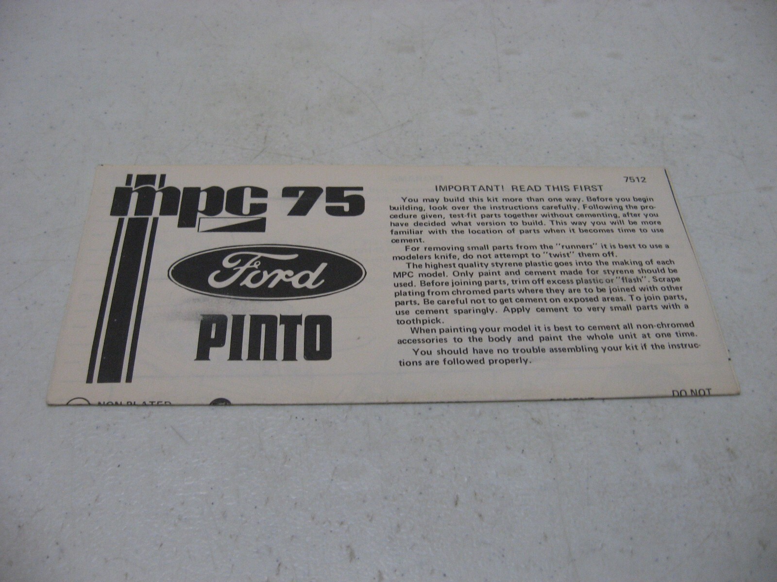 Instruction Sheet Only - MPC 1975 Ford Pinto Model Kit #1-7512