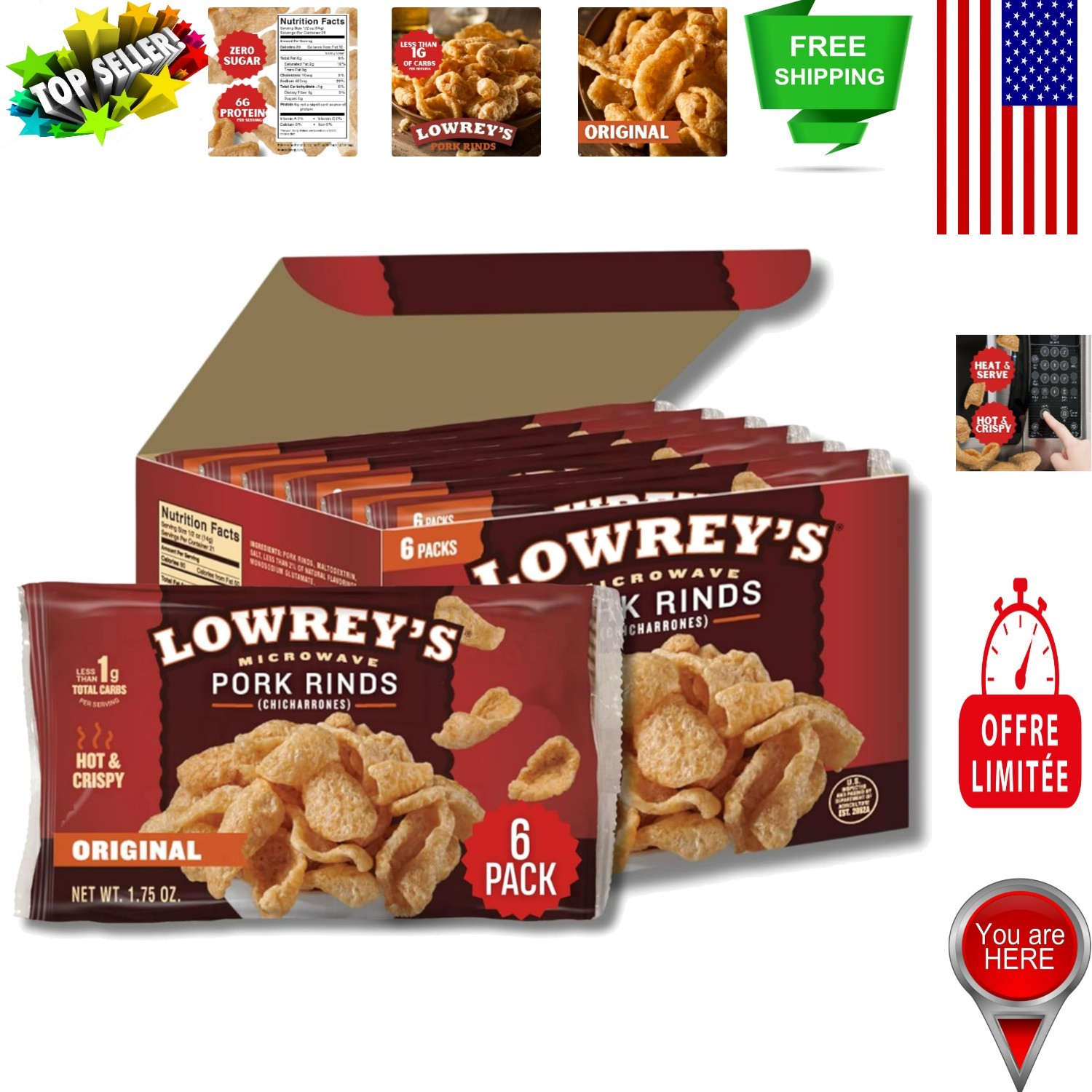 Bacon Curls  Pork Rinds - 6 Pack of 1.75 Ounce Microwave Snacks
