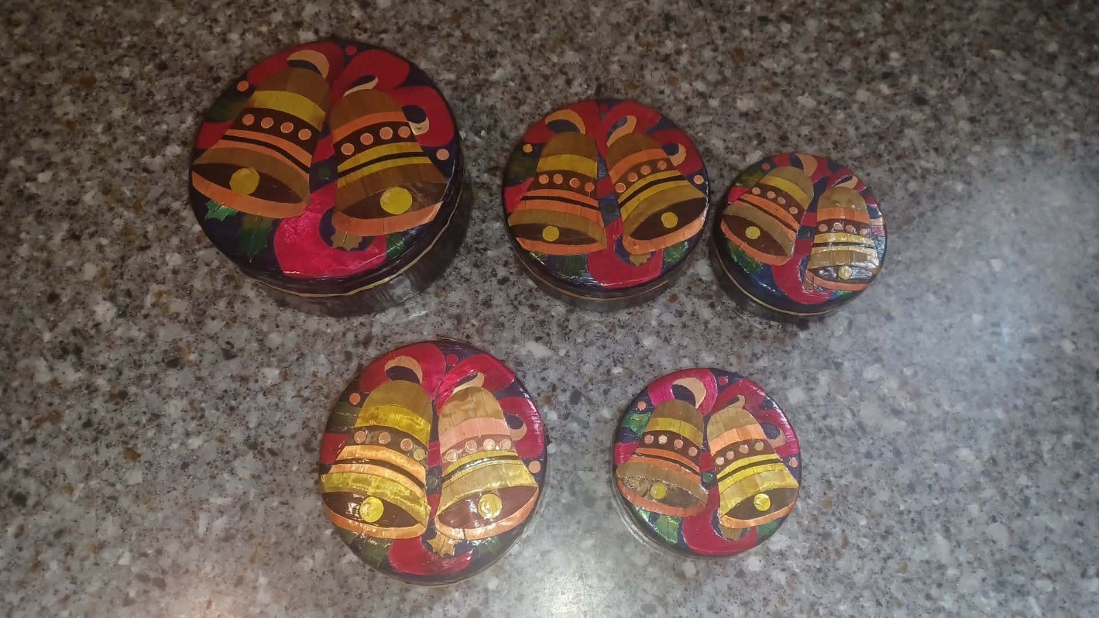 Set of 5 Pier 1 Imports Lacquered Round Nesting Christmas Bells Trinket Boxes