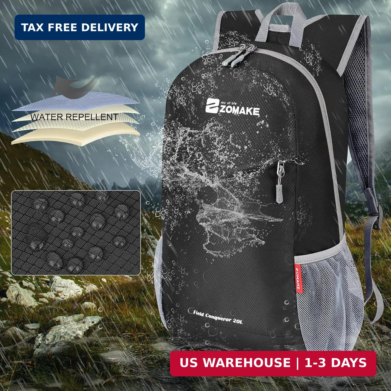 ZOMAKE Lightweight Packable Backpack 20L(Black) | Foldable Backpacks Small Daypa