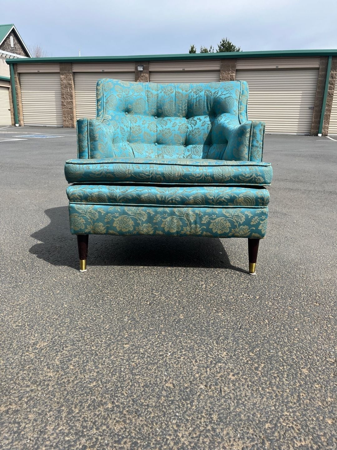 Vintage Mid-Century Modern Tufted Wingback Armchair in Teal and Gold Floral Dama