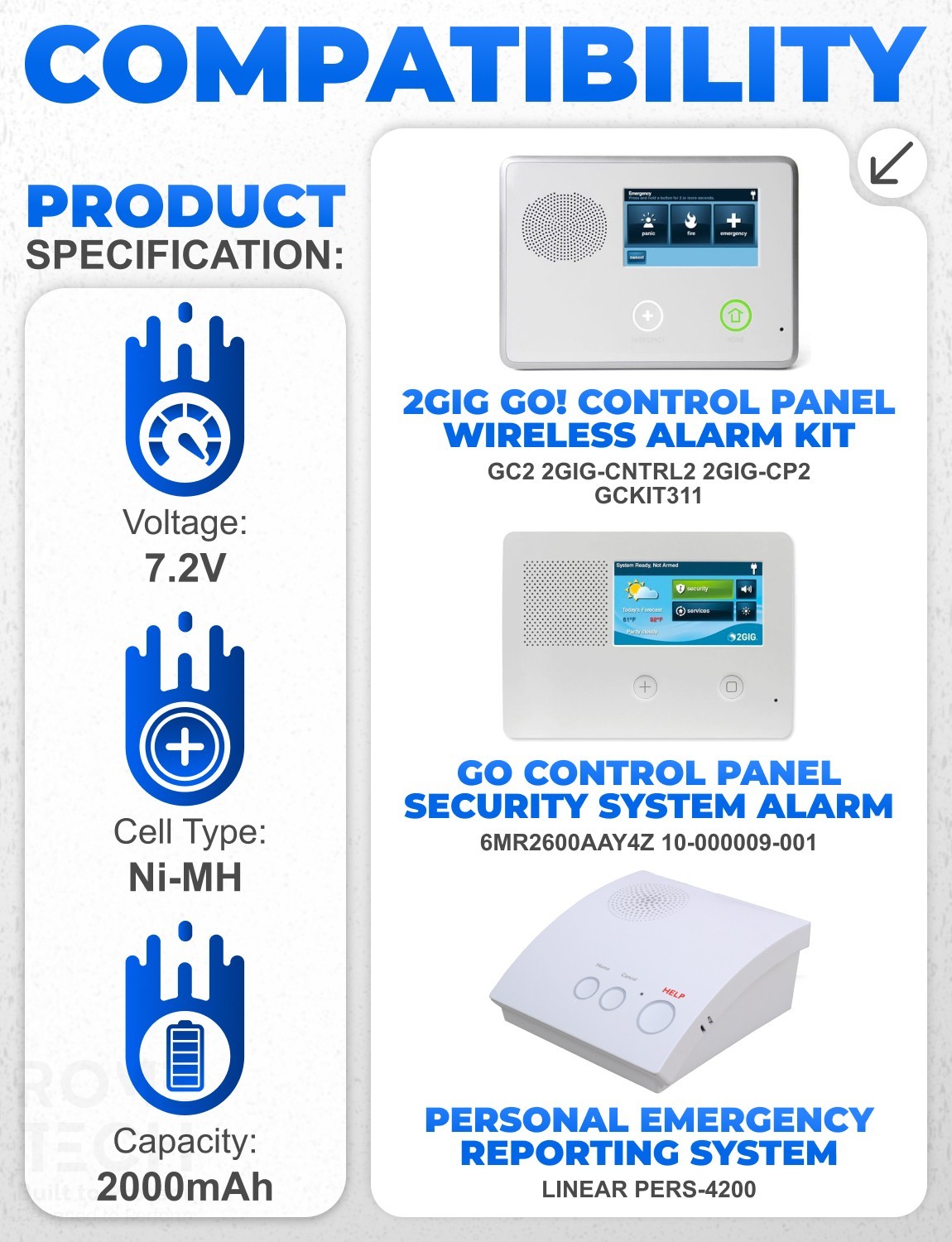 Battery Replace for 2GIG Alarm System Panel 2GIG Go Control Panels 2000 mAh