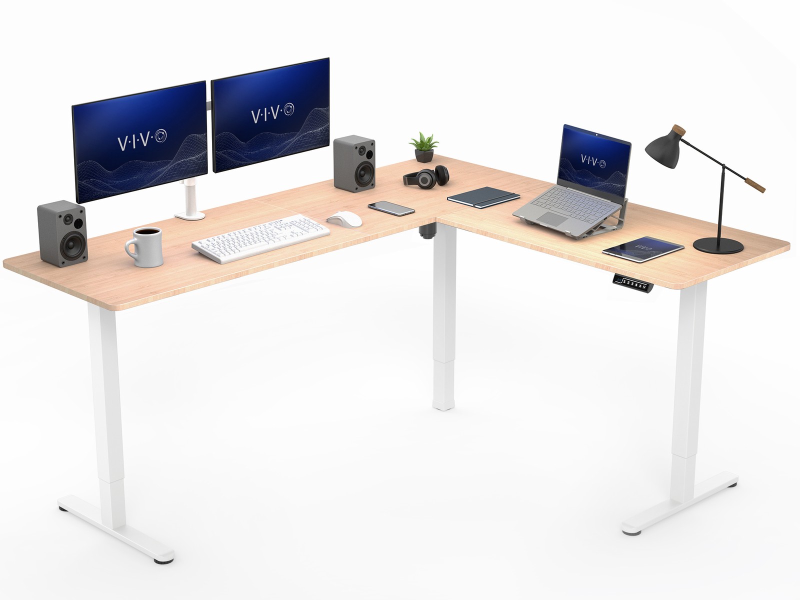 VIVO Bamboo / White Electric 75" x 63" Corner Desk Workstation