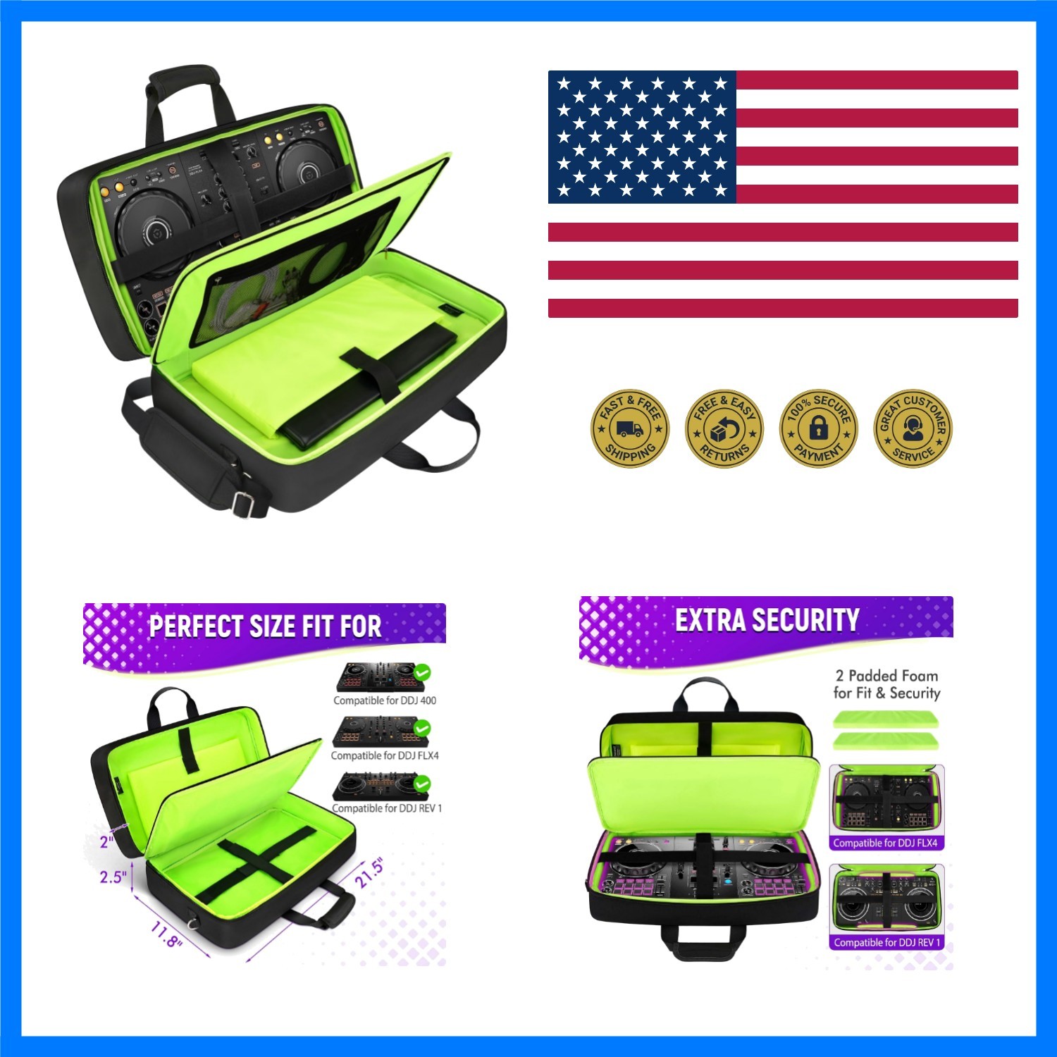 DJ Controller Case for DDJ /400/ with 5 Pockets, All Black | Padded DJ Contro...