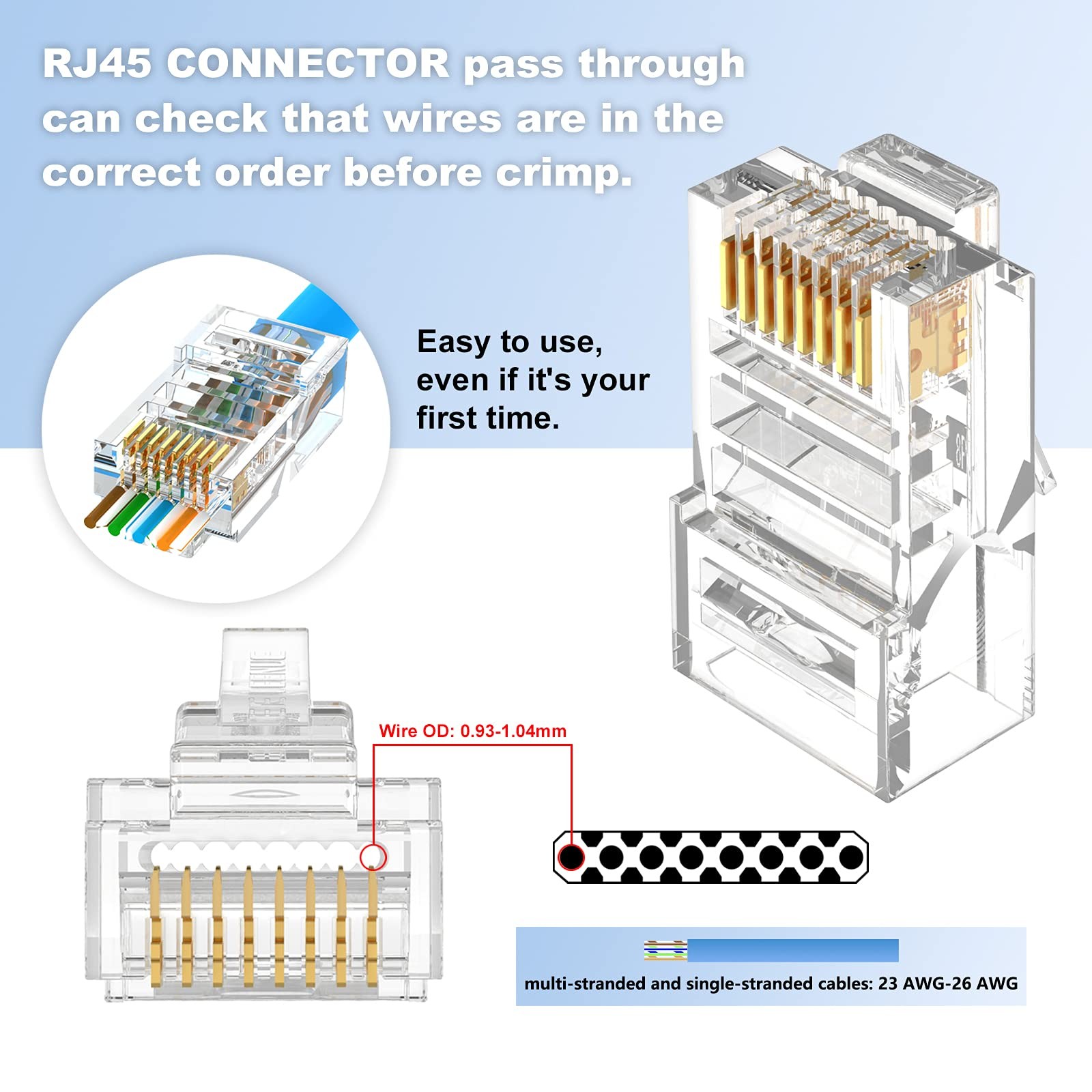 RJ45 Connector Pass Through Cat5E Modular Plug Network Adapter Cable 50 PCS