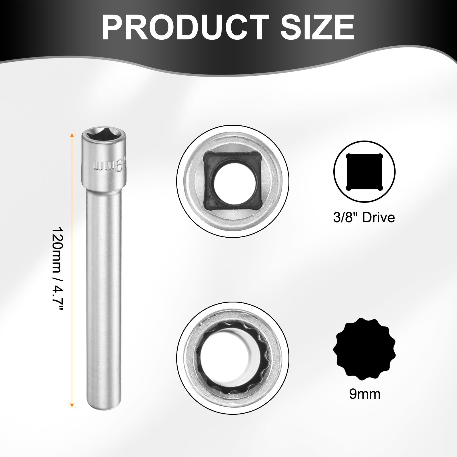 12 Points Deep Socket 3/8" Drive 9mm Nickel Plating Flip Sleeve 4.7" Long