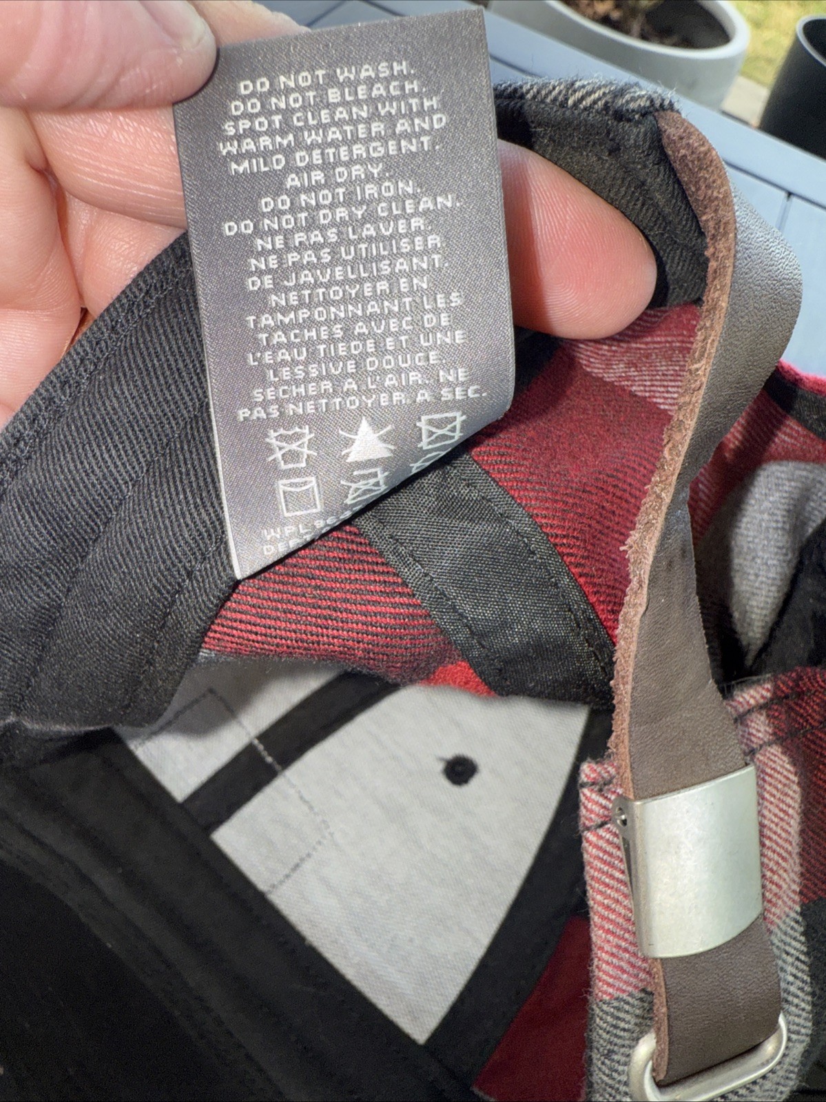 Eddie Bauer Red Black Gray Checked Flannel Hat Cap Leather Strap Buckle