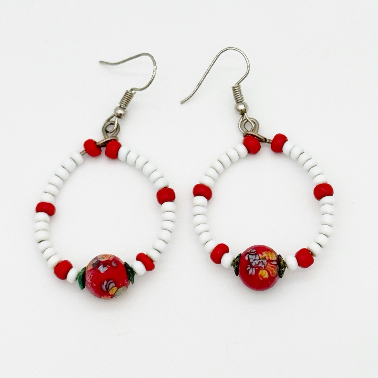 Handmade Red & White Bead Dangle Earrings w/Murino Glass Bead