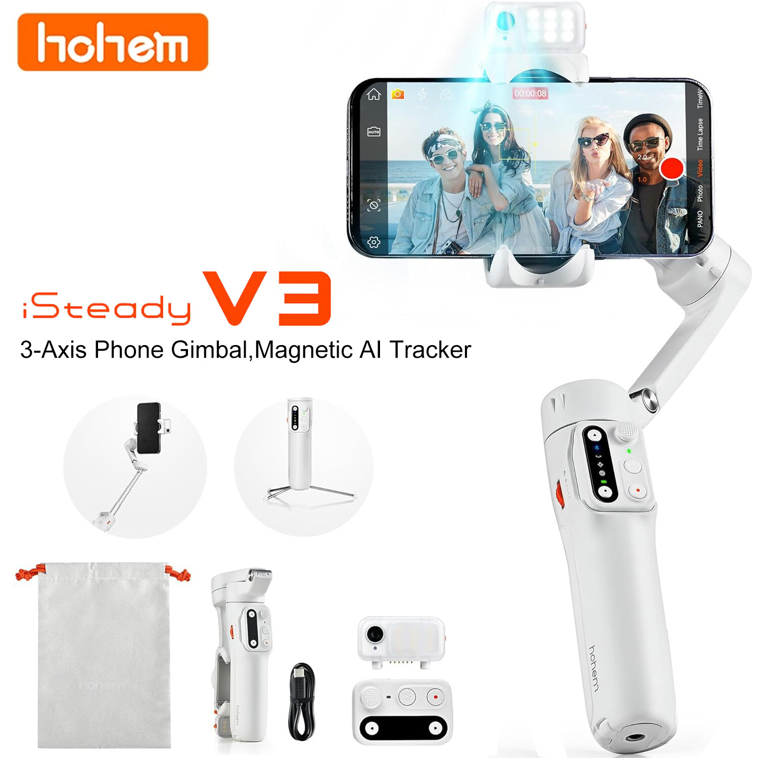 Hohem iSteady V3 3-Axis Phone Gimbal Stabilizer AI Tracker Fill Light for iPhone