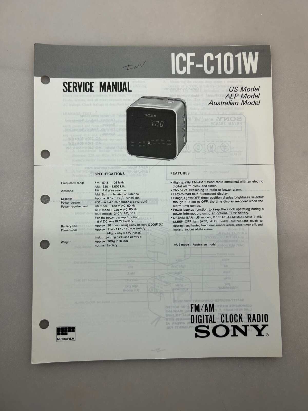 Sony ICF-C101 Original Service Manual Free Shipping