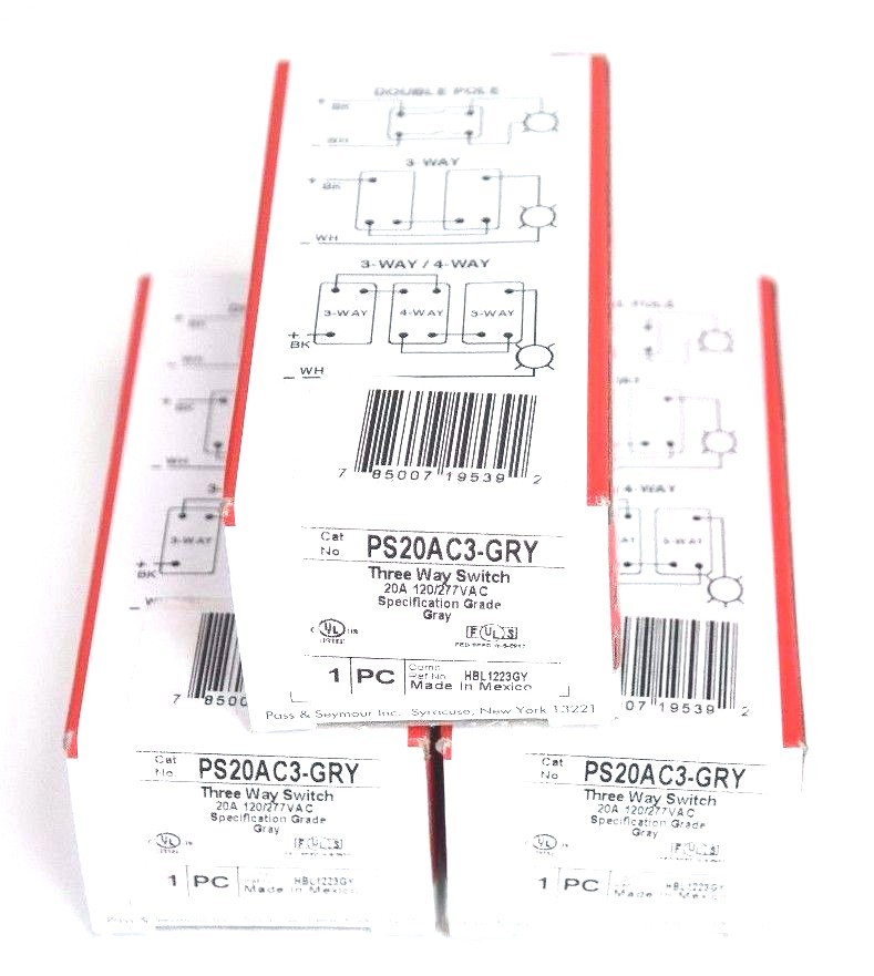 LOT OF 3 NEW PASS & SEYMOUR PS20AC3-GRY 3-WAY SWITCHES 20A 120/277VAC GRAY