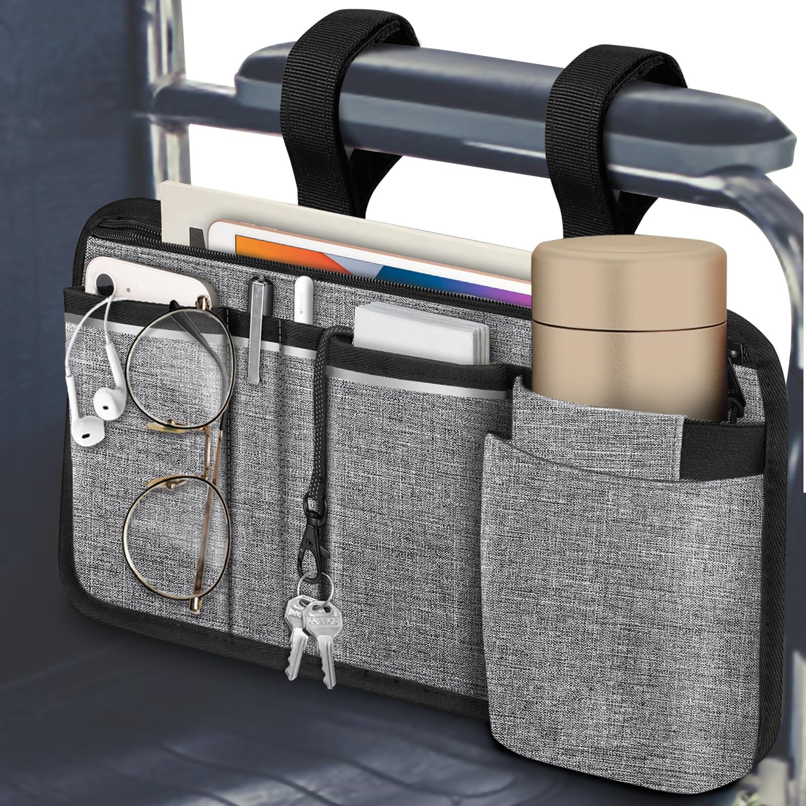 FINPAC Wheelchair Side Storage Bag w/Cup Holder Armrest Pouch Gray