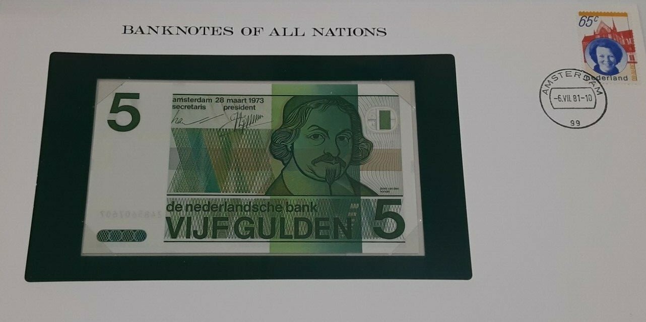 1973 Netherlands 5 Gulden Banknote Crisp Uncirculated in Stamped Envelope