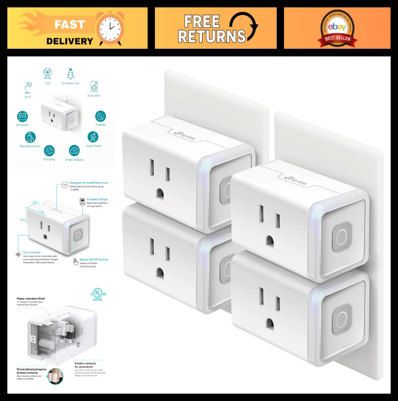 Smart Wi-Fi Outlet Plug 4-Pack, Works with Alexa & Google Home, Remote Control,