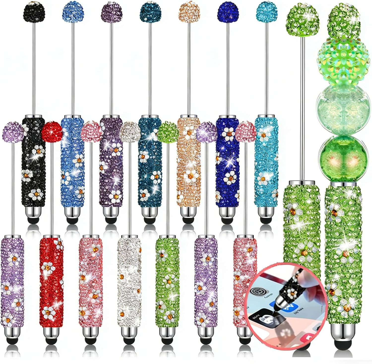 15 Pcs Glitter Beadable Stylus Pens Full Rhinestone Stylus Pens for Beads DIY Di