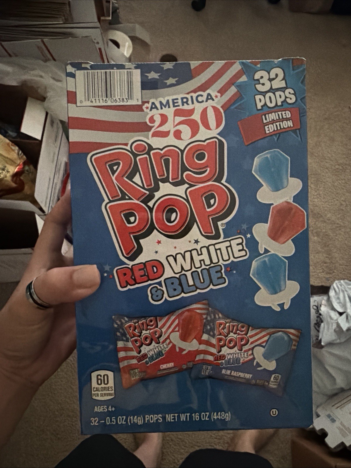 Ring Pop Red White & Blue, 32 ct. Lollipops( FREE SHIPPING)