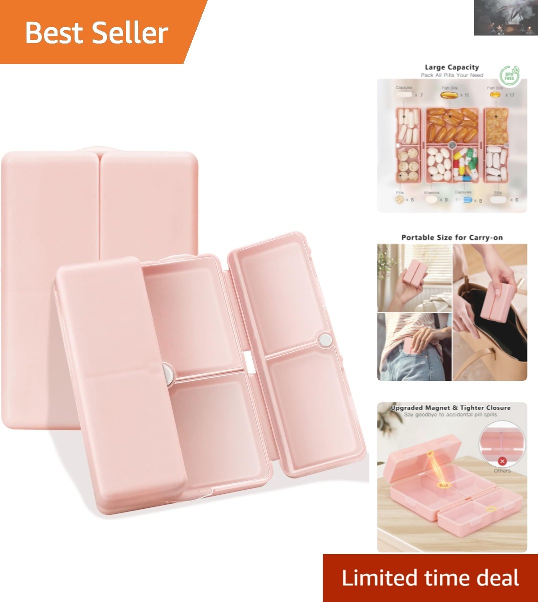 Compact Pink Folding Pill Box - 7 Compartments for Effortless Medication Storage