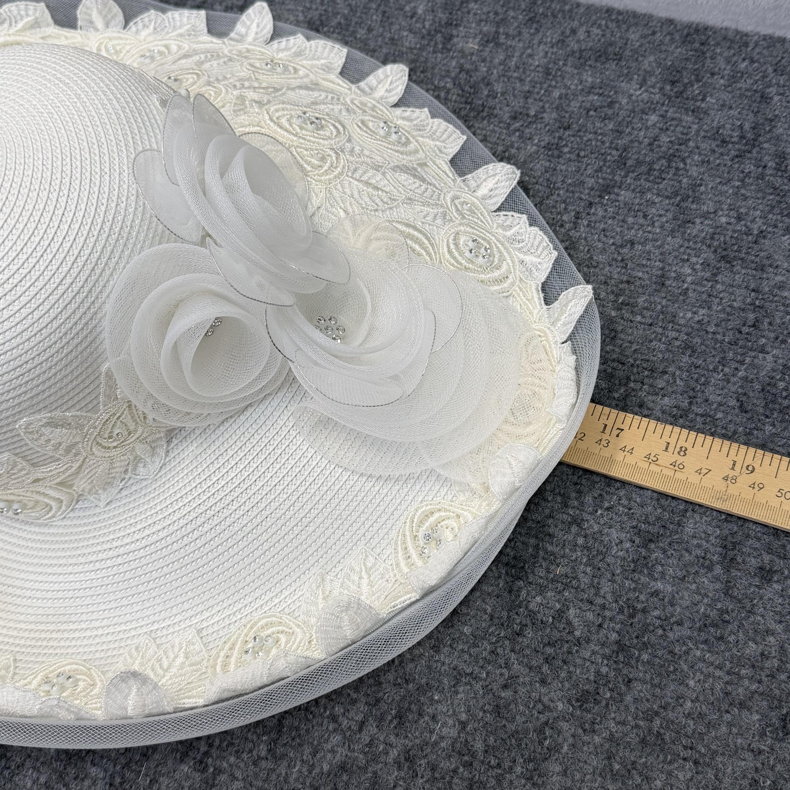 VTG Ms Divine Hat Sun Womens White Lace Embroidered Beaded Derby Wedding Church