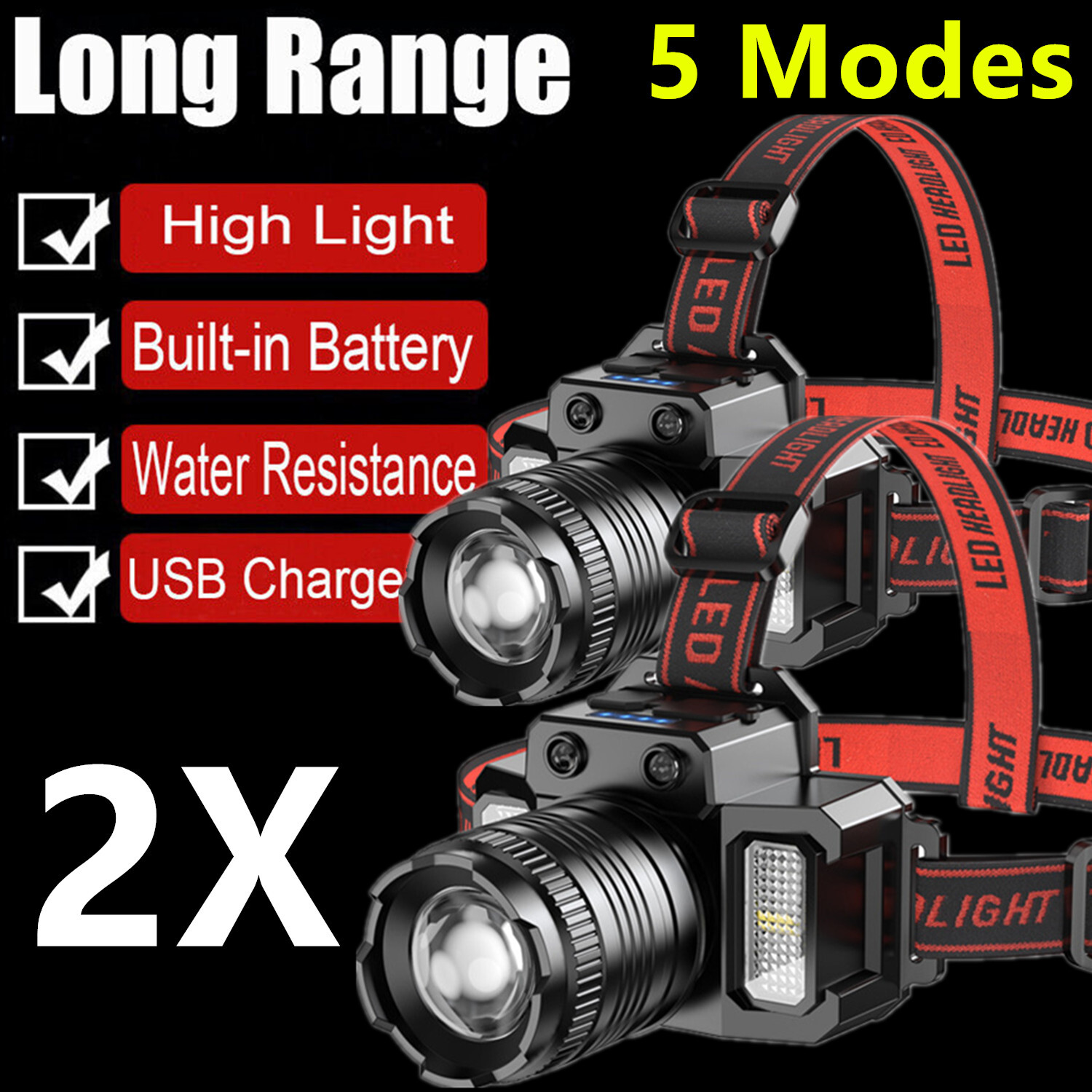 2× Ultra Bright 9900000LM Sensor Headlamp Zoomable Rechargeable Headlight Torch