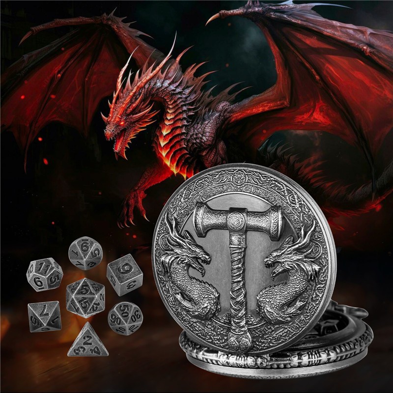 7pcs Mini Solid Metal Polyhedral Dice Set for RPG in Dragon Pocket Watch Case