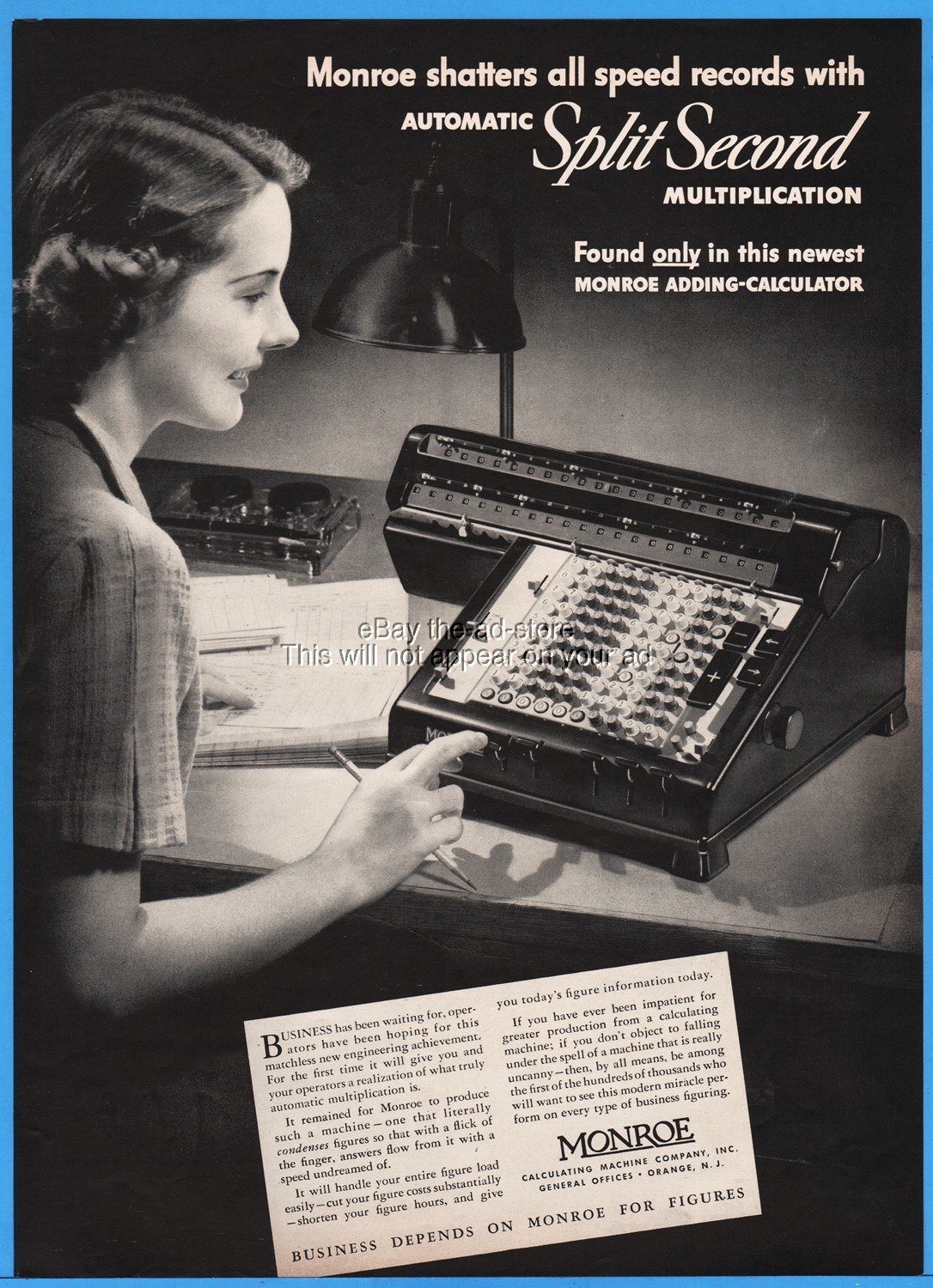 1938 Monroe Calculating Machine Orange NJ Adding Calculator Machine Photo Ad