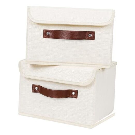 2PCS Storage Bins with Lid PU Leather Handles Storage Small (Pack of 2) Beige