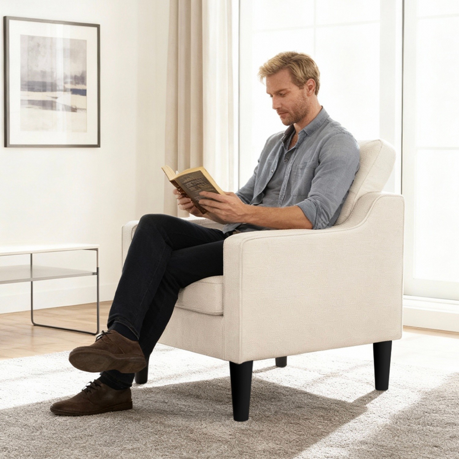 Chenille Accent Chair Modern Lounge Armchair w/ Solid Wood Leg for Living Room