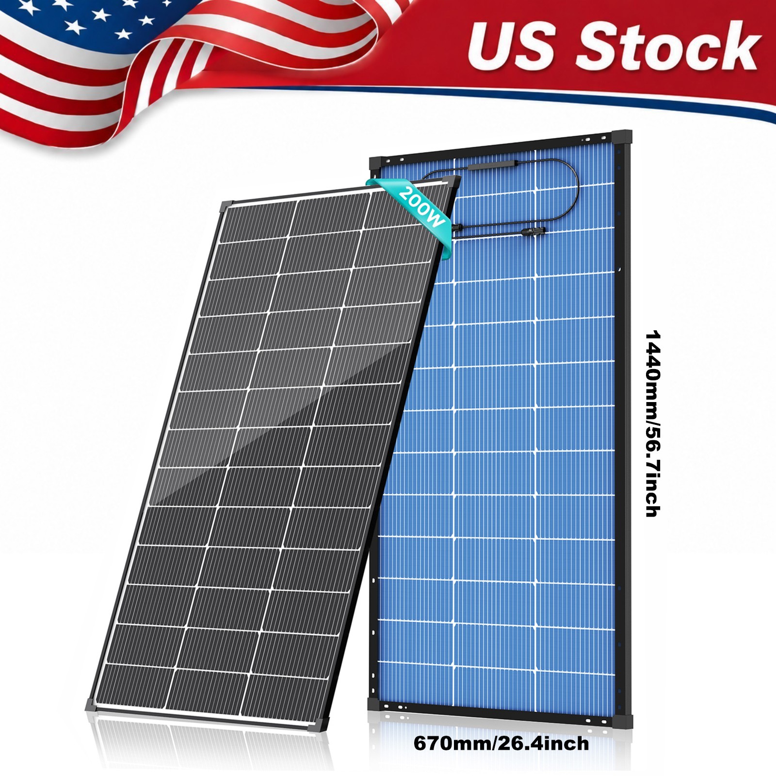Solar Panel 200W Bifacial Monocrystalline N-Type 12V PV Home Roof RV Off-Grid US