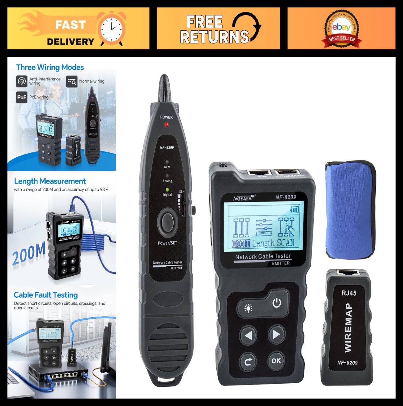 Ethernet Cable Tester with POE & NCV, CAT5/CAT6 Wire Tracer, Length Test Tool