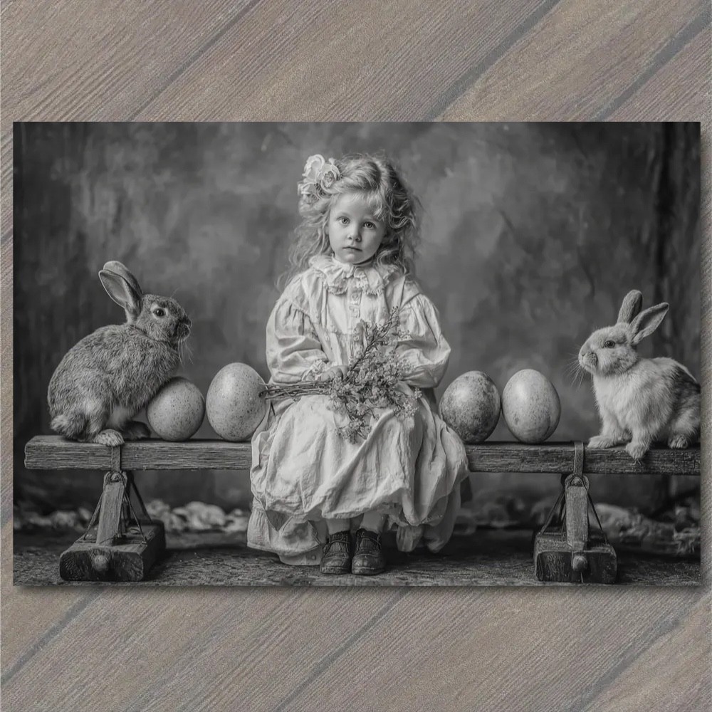 POSTCARD Victorian Girl Rabbits Eggs Bench Portrait Black White Antique Look