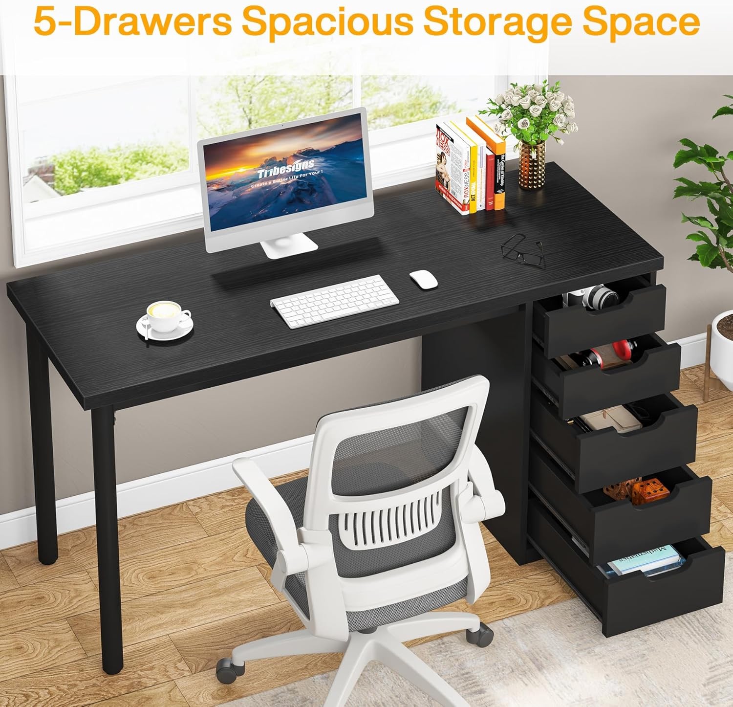 Computer Desk with 5 Drawers, Modern Simple Laptop Desk Study Writing Table