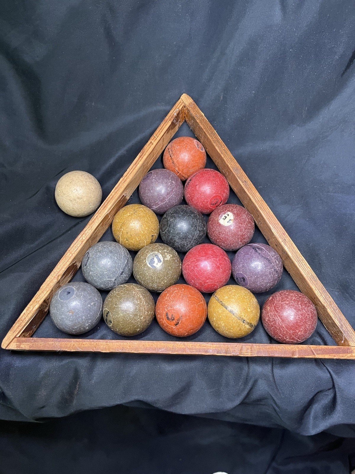 VINTAGE BAKELITE MINI Billiards POOL BALL SET W Wooden Rack~Aged Patina Man Cave