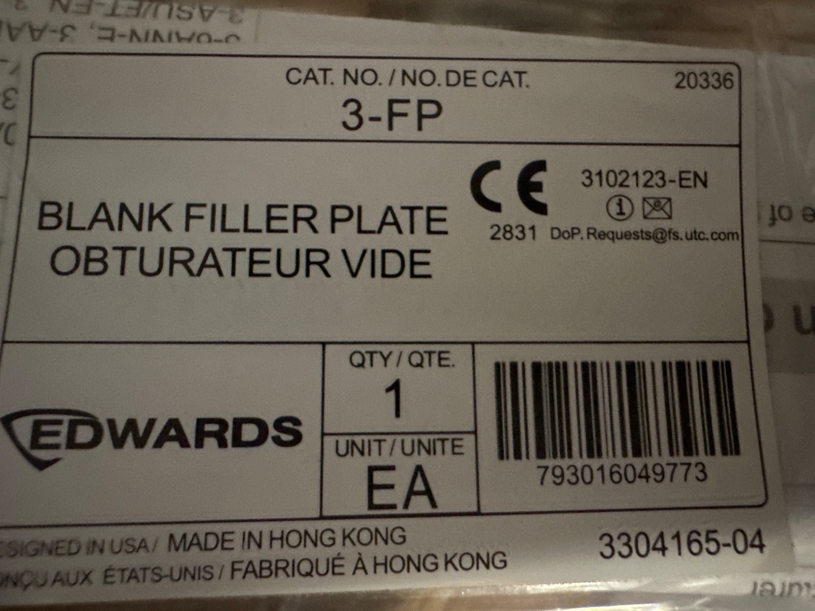EST Edwards 3-FP Fire Alarm Control Panel Blank Filler Plate (NEW IN BOX)