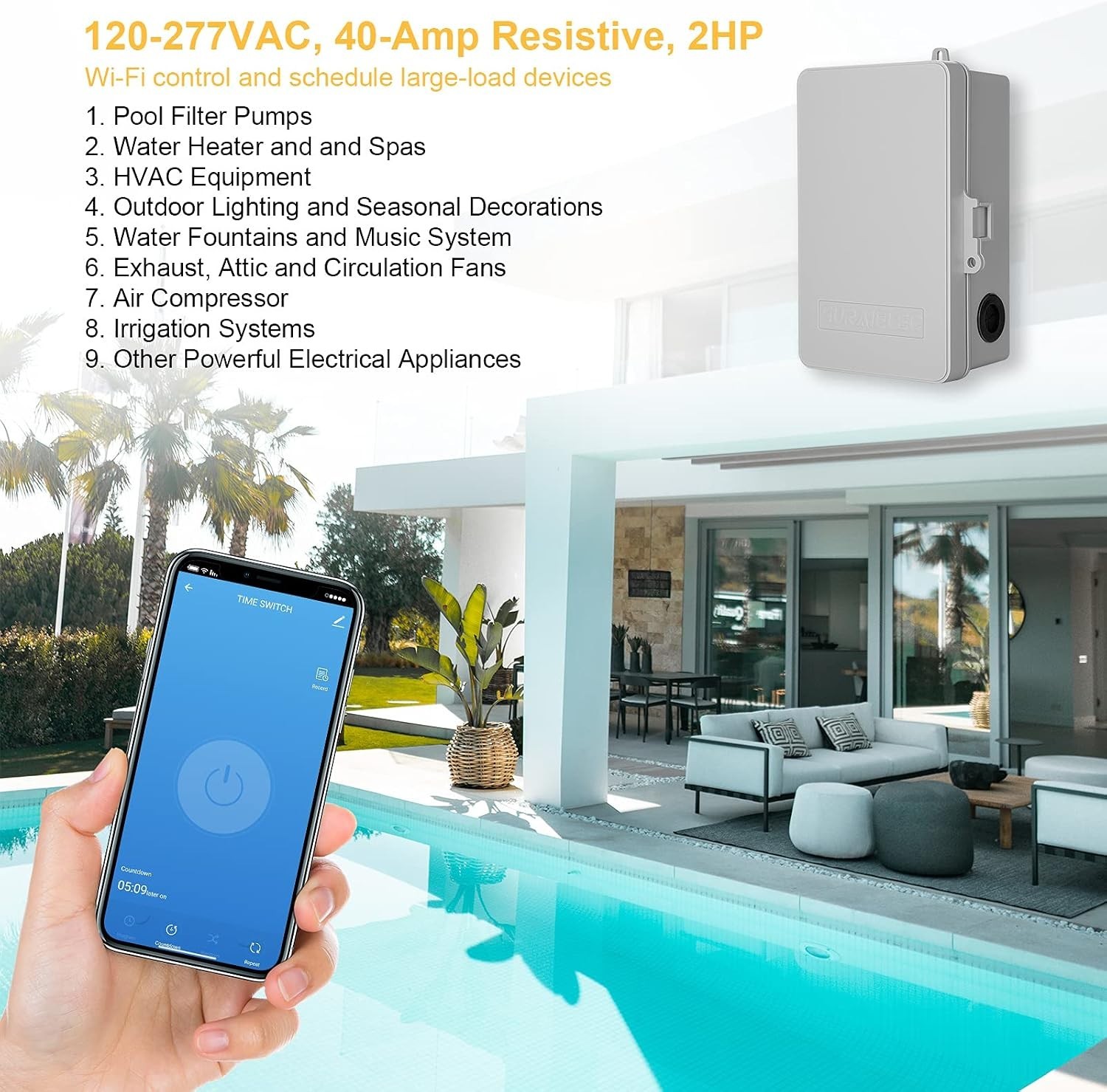 Powerful 40A WiFi Pool Controller Timer - Smart App Control, Weatherproof Box