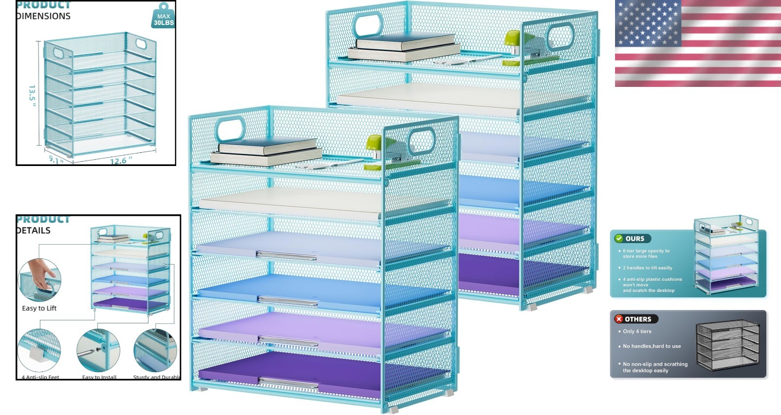 Stylish Blue Mesh Paper Organizer - 2 Pack